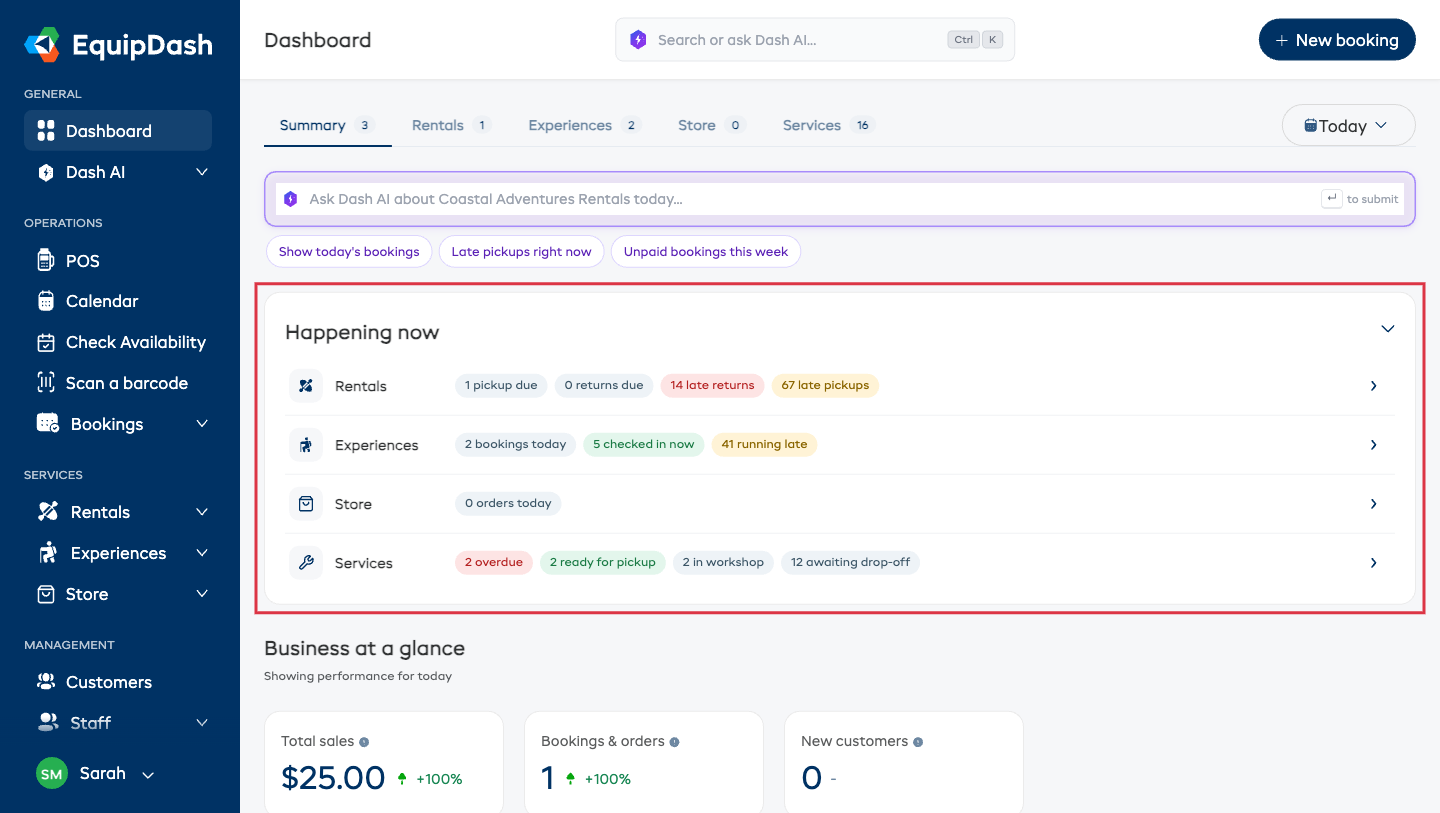 The Happening now card on the Summary tab, with one row of live count chips per line of business