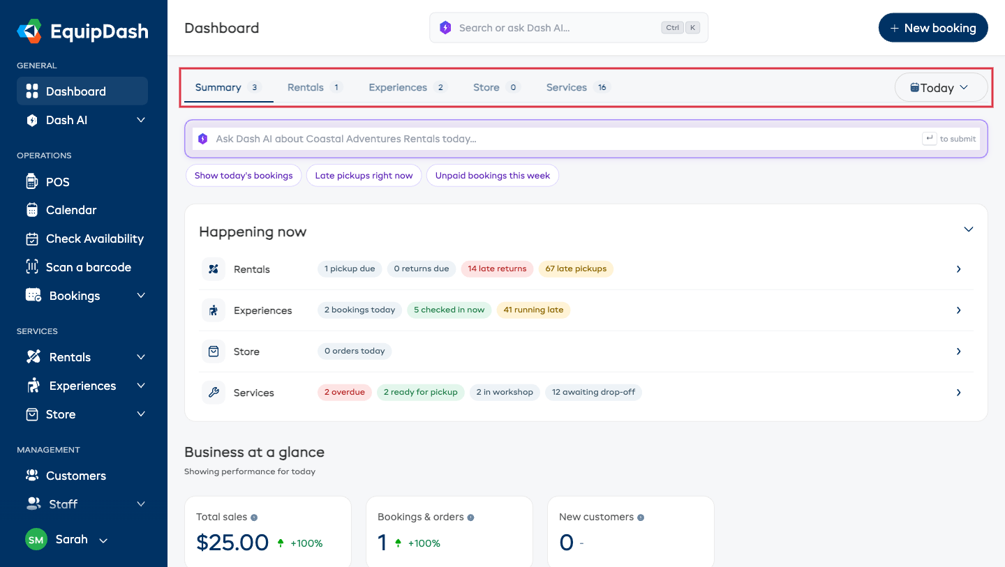The dashboard tab bar โ Summary, Rentals, Experiences, Store, and Services, each with a count badge, plus the date filter on the right