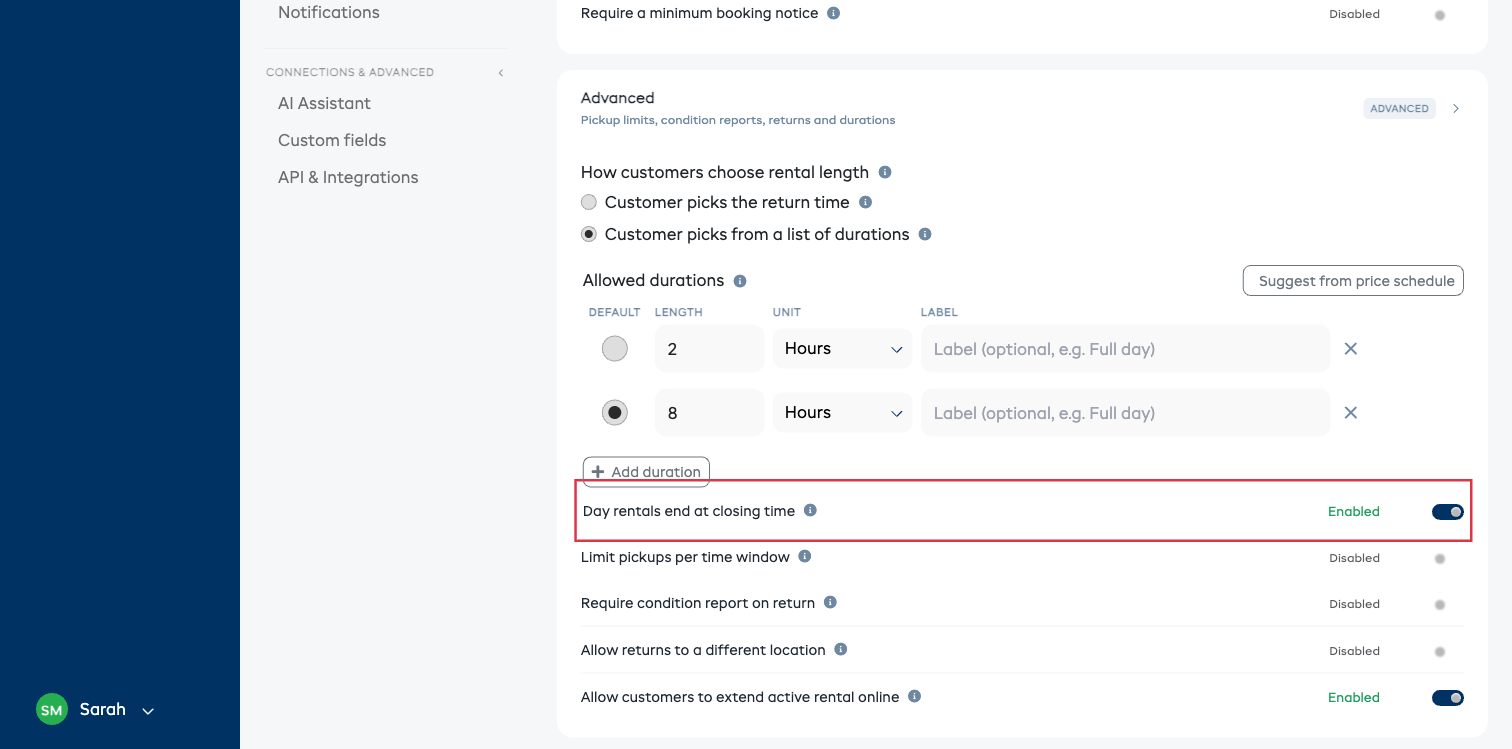 The Day rentals end at closing time toggle in the Advanced section of Rentals settings, shown turned on below the Allowed durations list