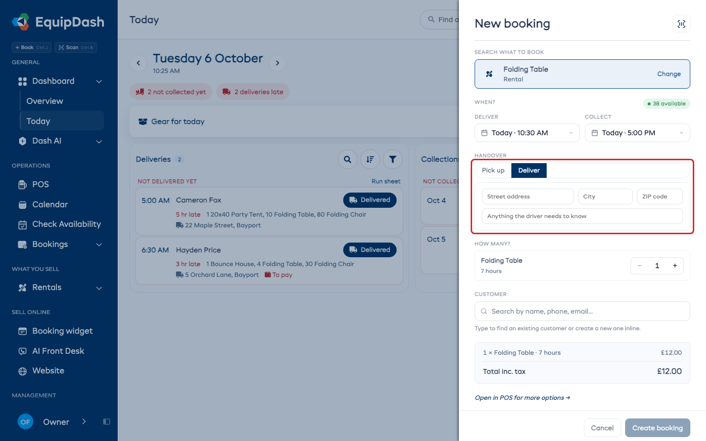Quick Book with Deliver picked, and the address and driver note fields