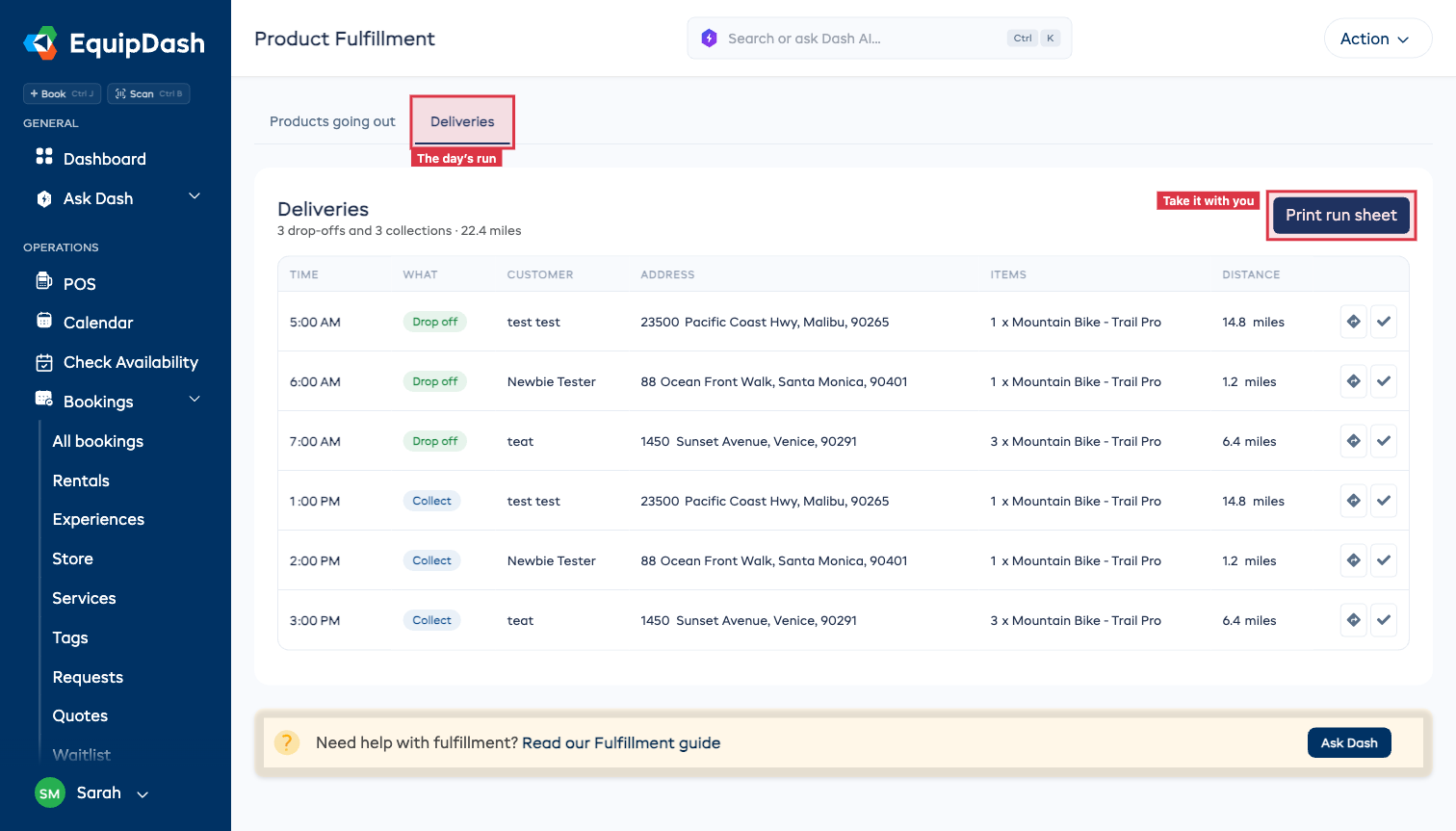 The Fulfillment page's Deliveries tab outlined, with the day's drop-offs and collections listed and Print run sheet outlined