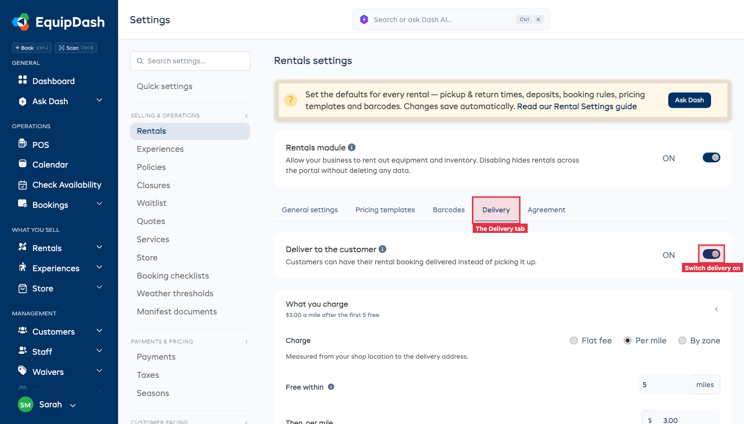 Settings, Rentals, with the Delivery tab outlined and the Deliver to the customer switch outlined beside it