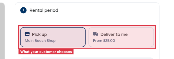 The booking page's Pick up and Deliver to me buttons outlined, with From $25.00 under Deliver to me