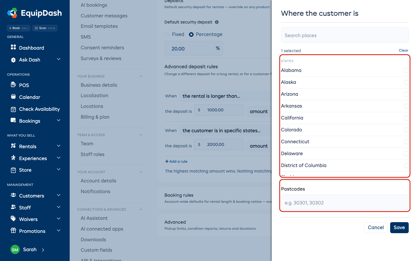 The Where the customer is drawer with the state list outlined and the Postcodes field outlined beneath it