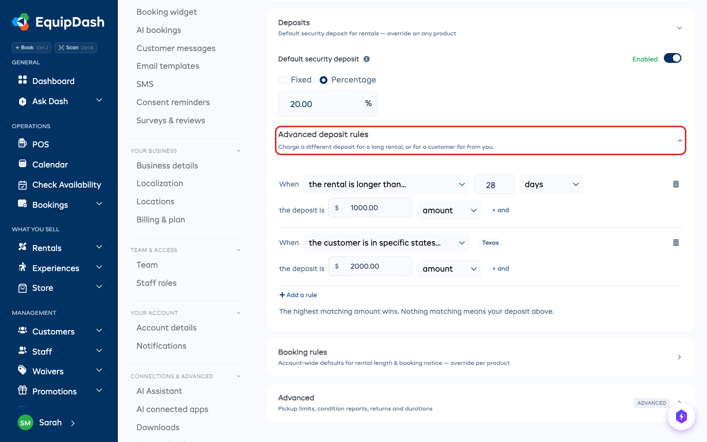 Settings, Rentals, Deposits, with the Advanced deposit rules row outlined below the default security deposit and two rules listed underneath