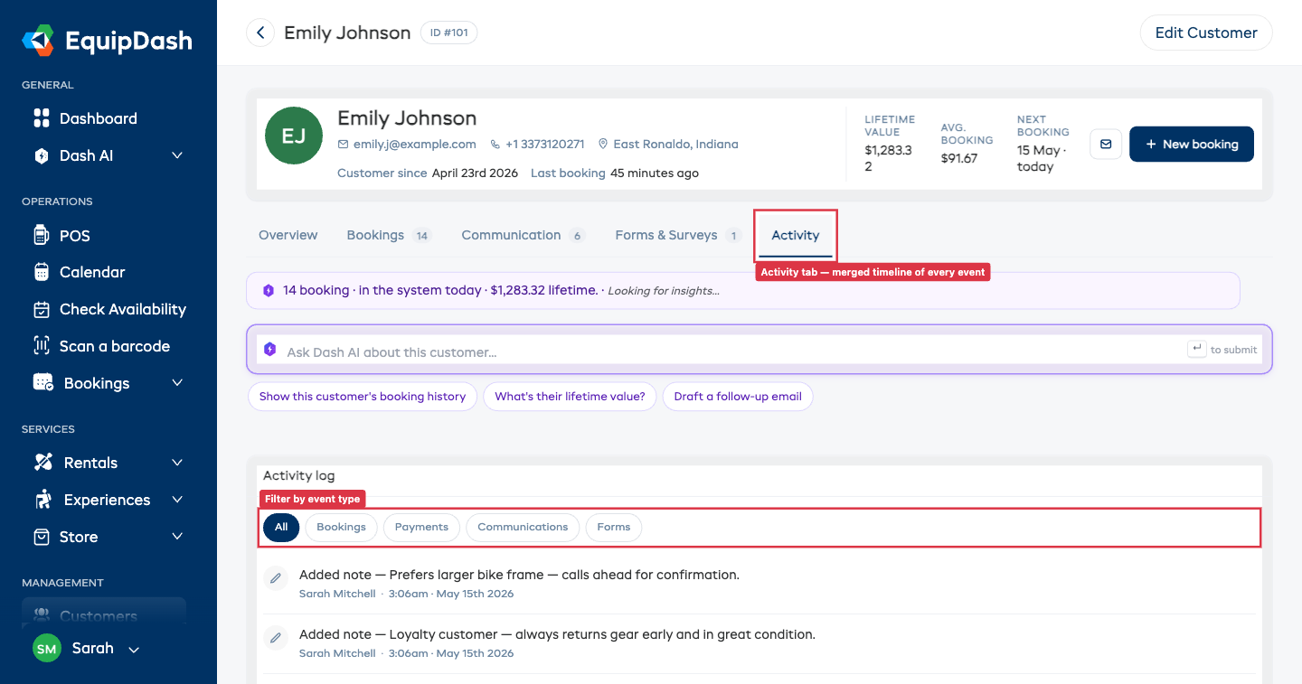 Activity tab showing a chronological list of events with category-coloured icons, event labels, and timestamps; filter pills (All, Bookings, Payments, Communications, Forms) above the list