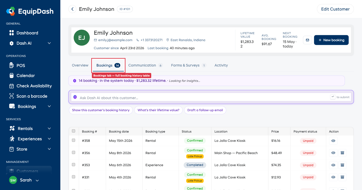 Bookings tab showing the booking history table — booking date, type, status, location, price, payment status, and action icons — pre-filtered to this customer