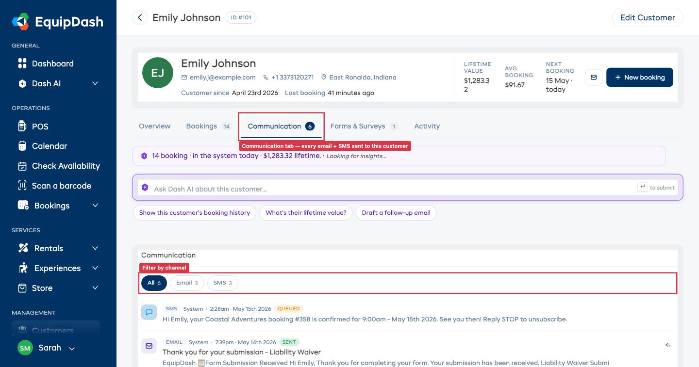 Communication tab showing a list of email and SMS messages with channel, sender, timestamp, status pill, and preview text
