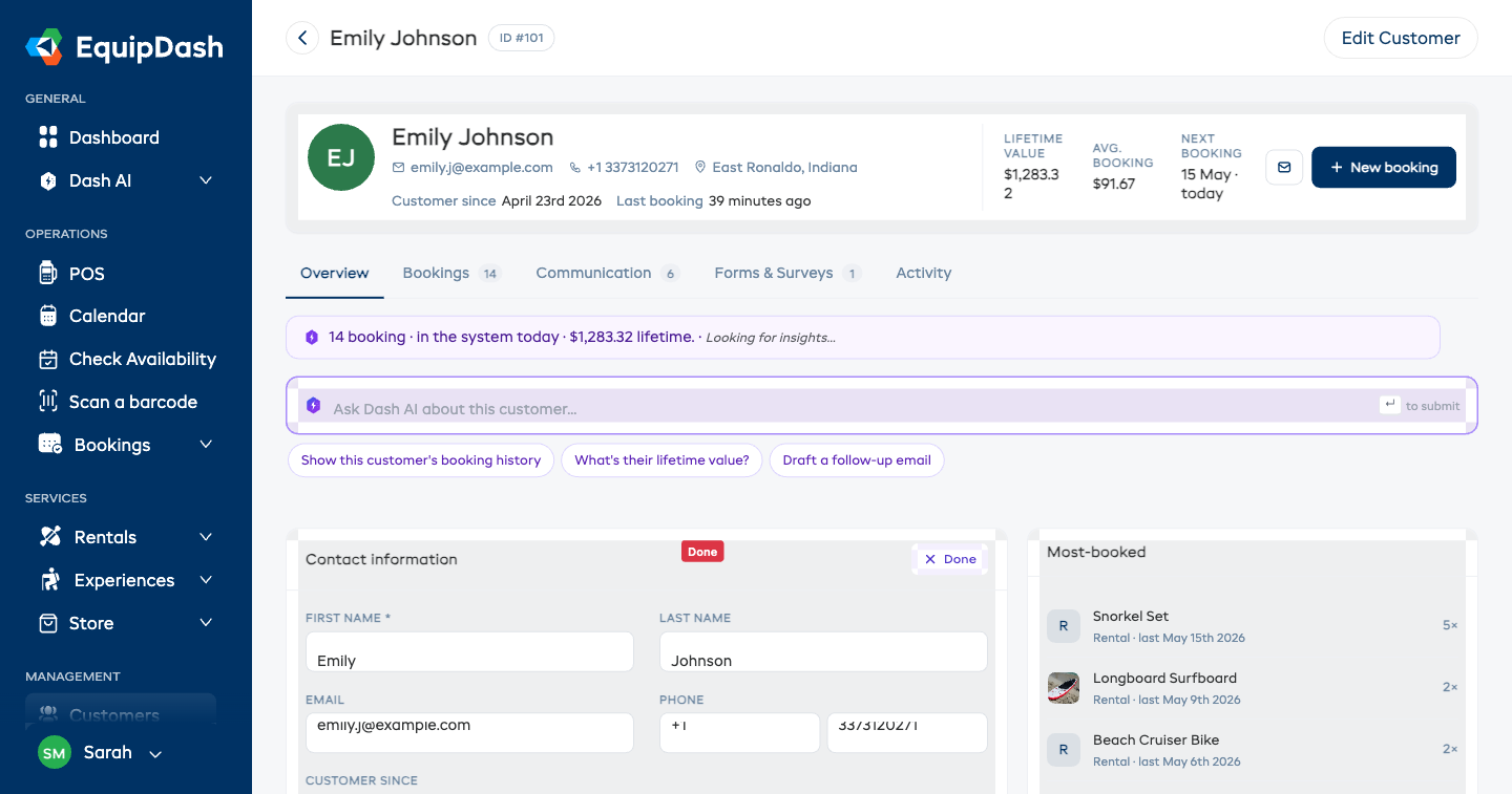 The Contact information card in edit mode with text fields for first name, last name, email, and phone, and a Done button in the top-right
