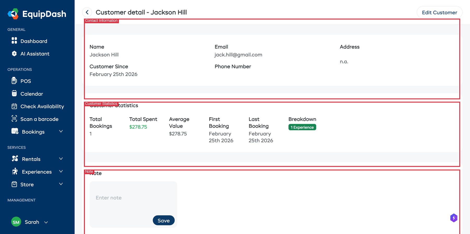 The customer detail page showing contact information, customer statistics, and notes section