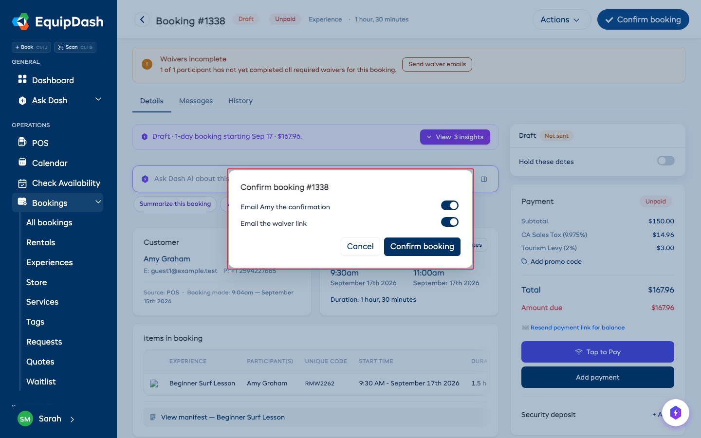 The Confirm booking window with the two email switches.