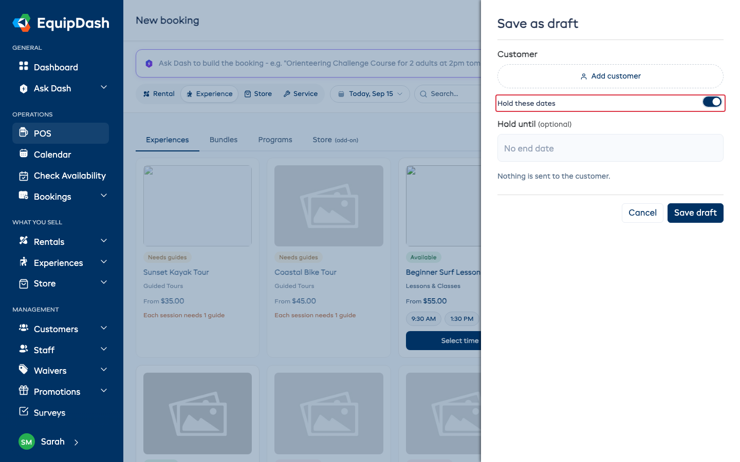 The Save as draft drawer in POS, with Hold these dates switched on.
