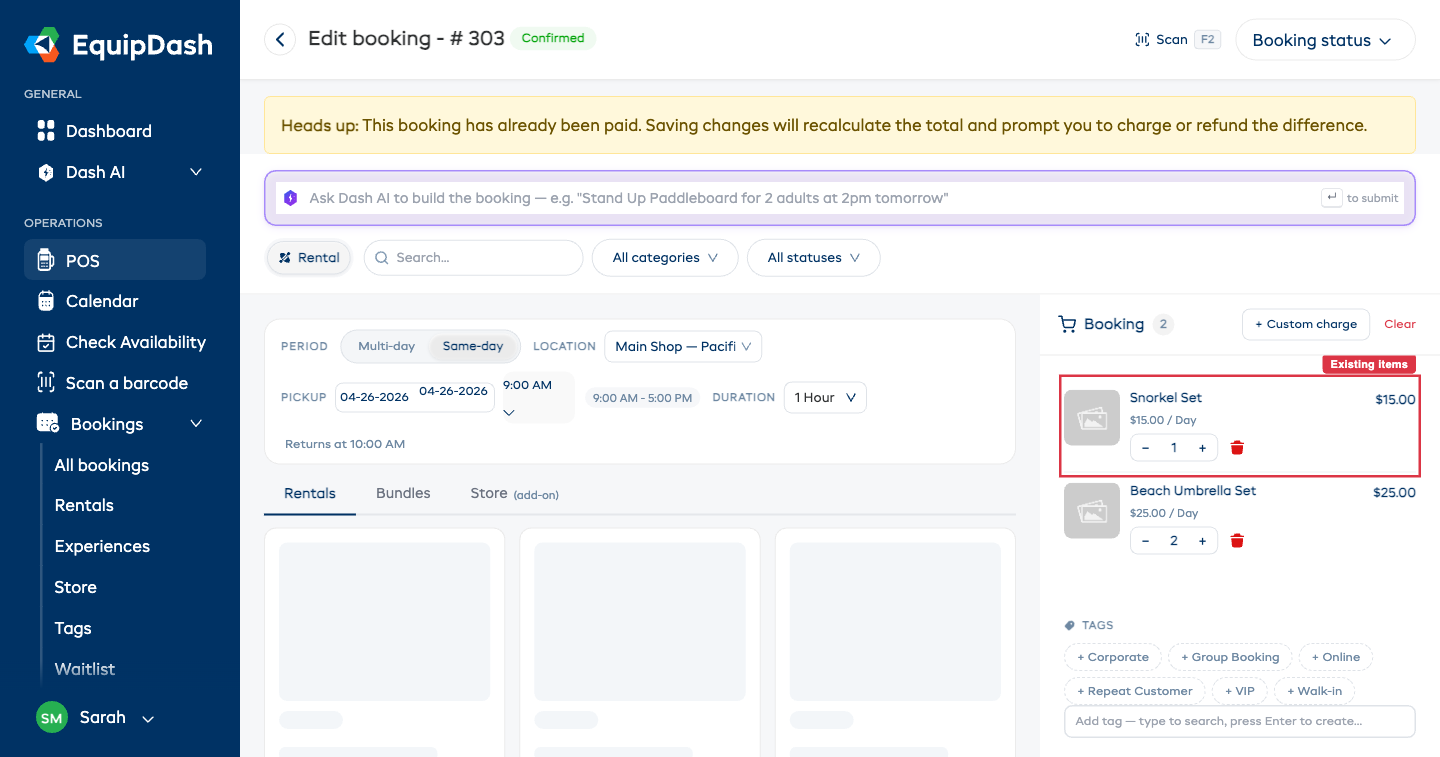 The booking detail page in edit mode, showing editable date pickers and item controls.