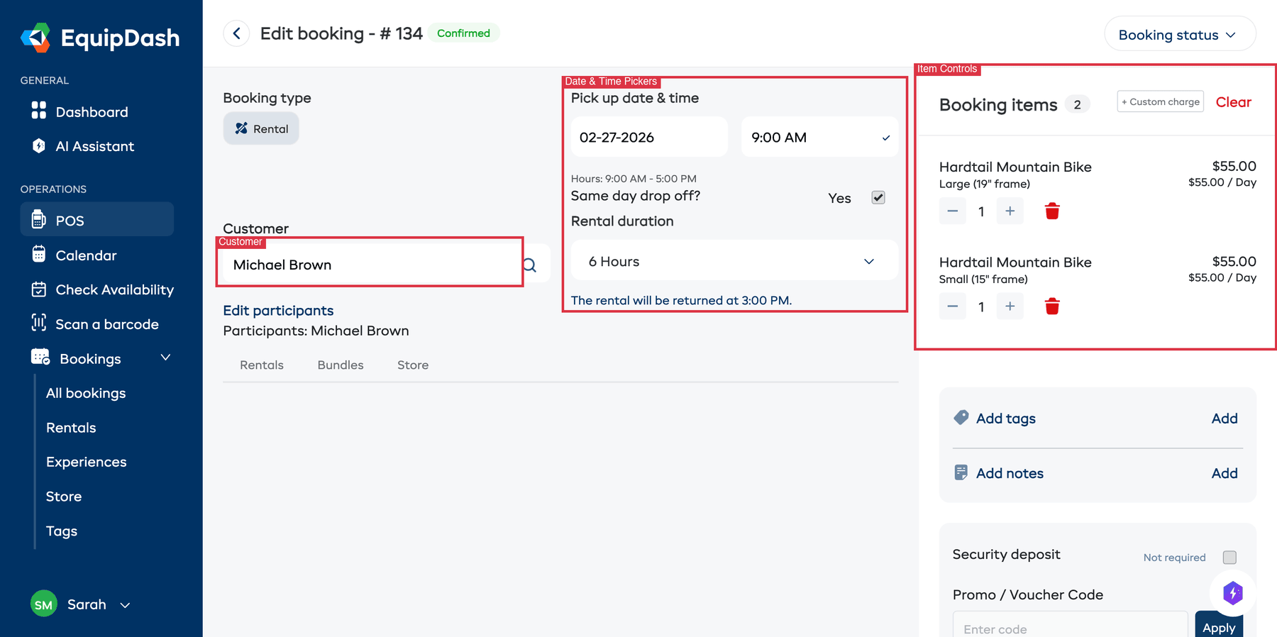 The booking detail page in edit mode, showing editable date pickers and item controls.