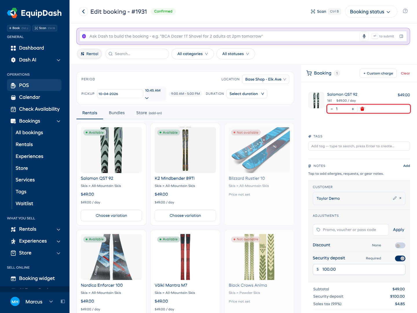 The POS editor showing the existing booking, rental period, customer, and quantity controls.