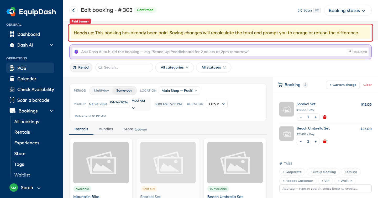 Edit booking page showing the paid-mode notice banner.