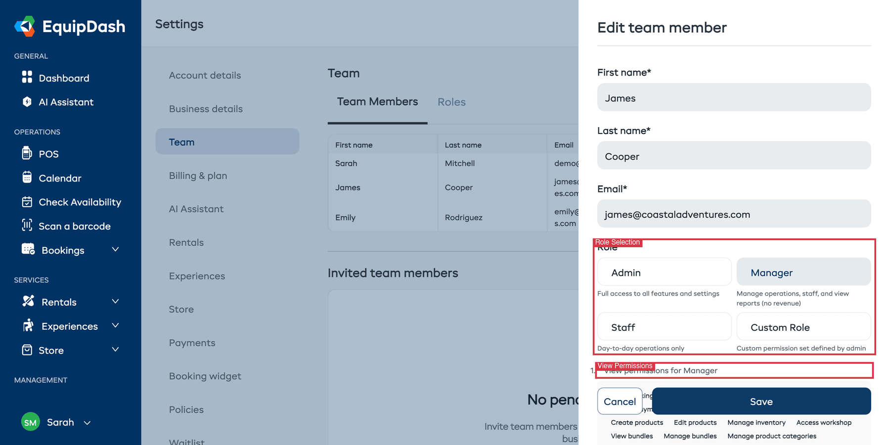 Edit team member panel showing role options