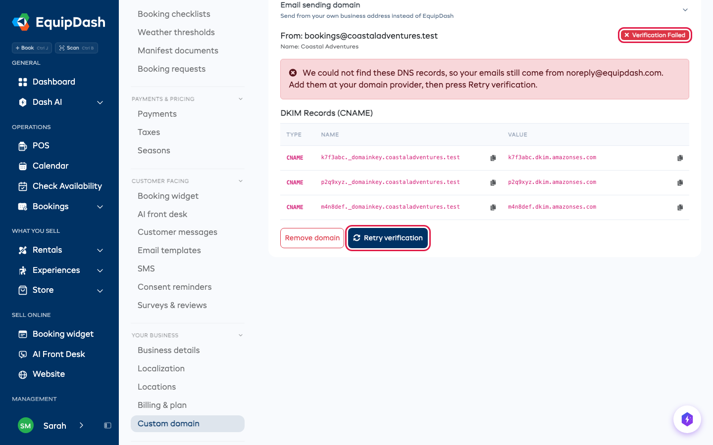 Email sending domain showing Verification Failed and the Retry verification button