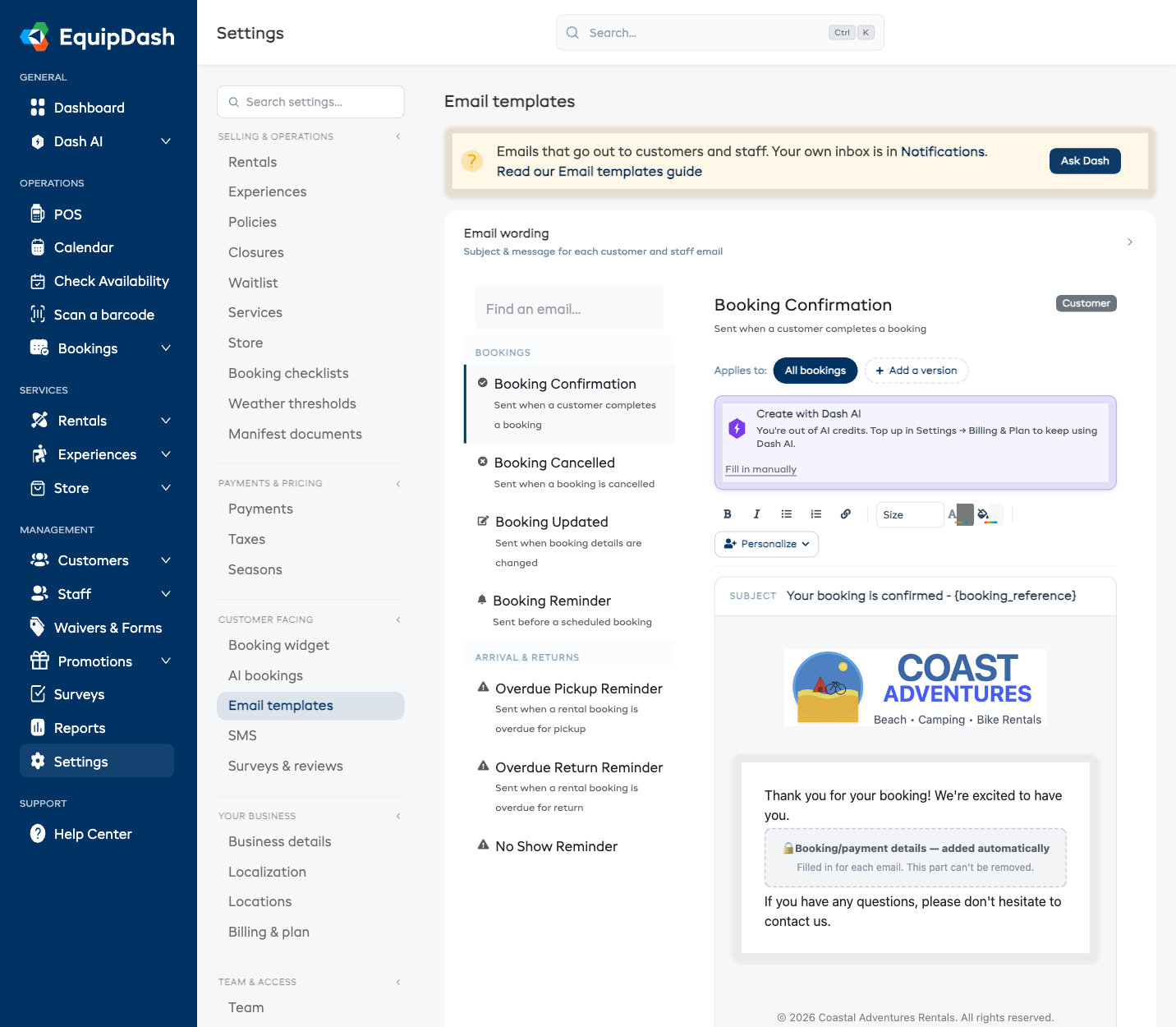 The Email Templates settings page