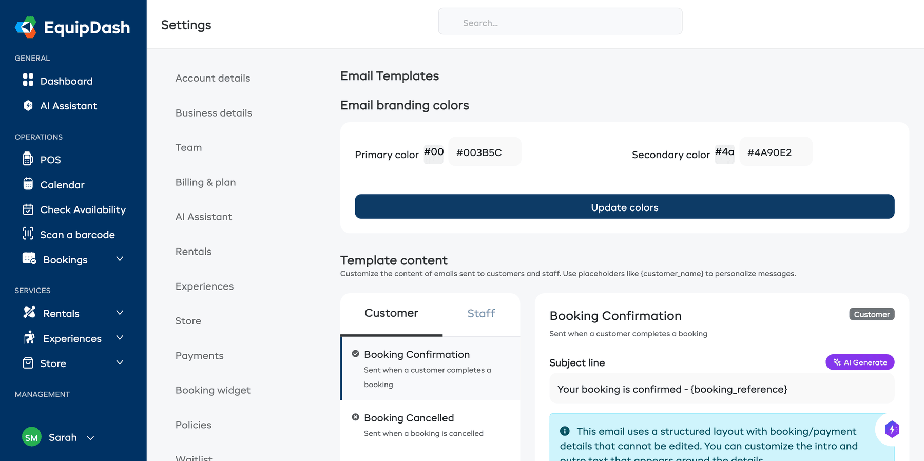 The Email Templates settings page with branding colors and template list