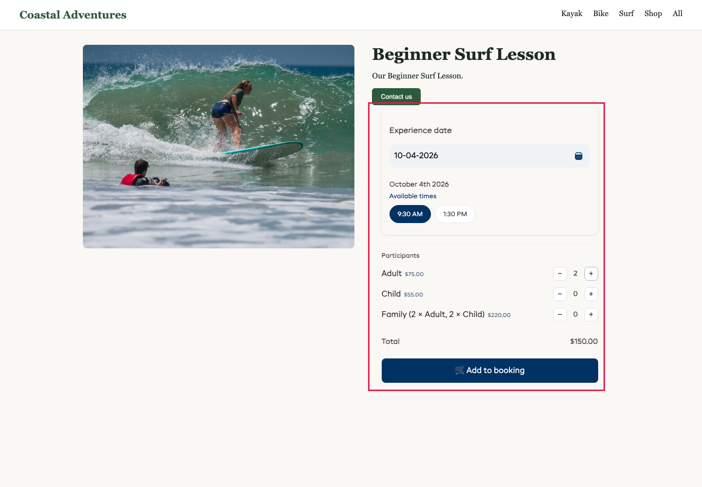 An experience page on a shop's own website, with the time, the people and Add to booking