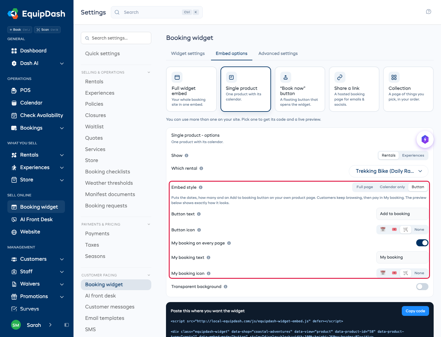 Embed options with Embed style set to Button, and the button and My booking text and icon