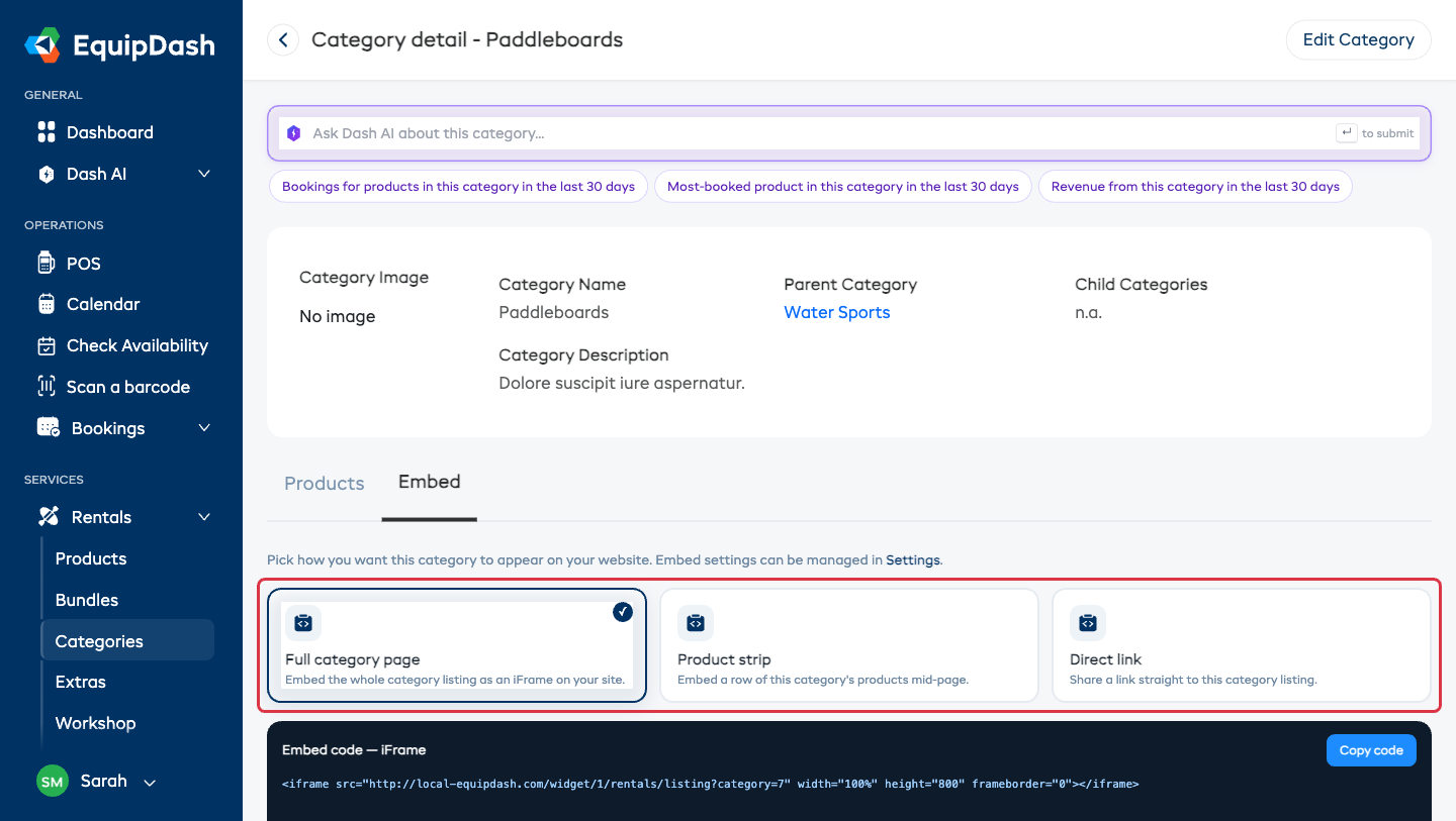 The Embed tab on a rental category, showing the three ways to embed that category