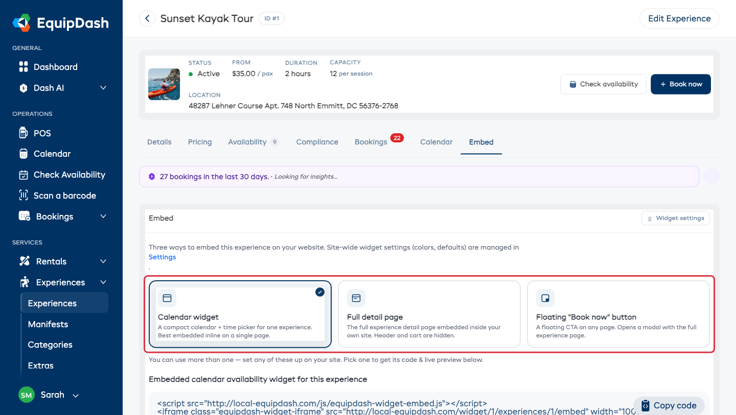 The Embed tab on an experience, showing the three ways to embed that one experience