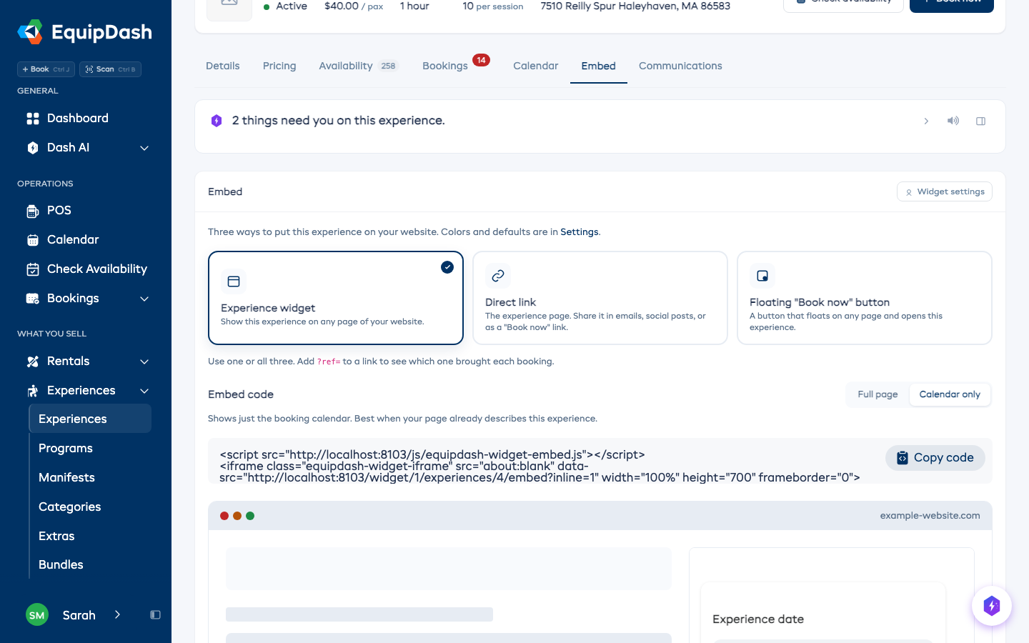 The Embed tab on an experience, showing the three ways to embed it