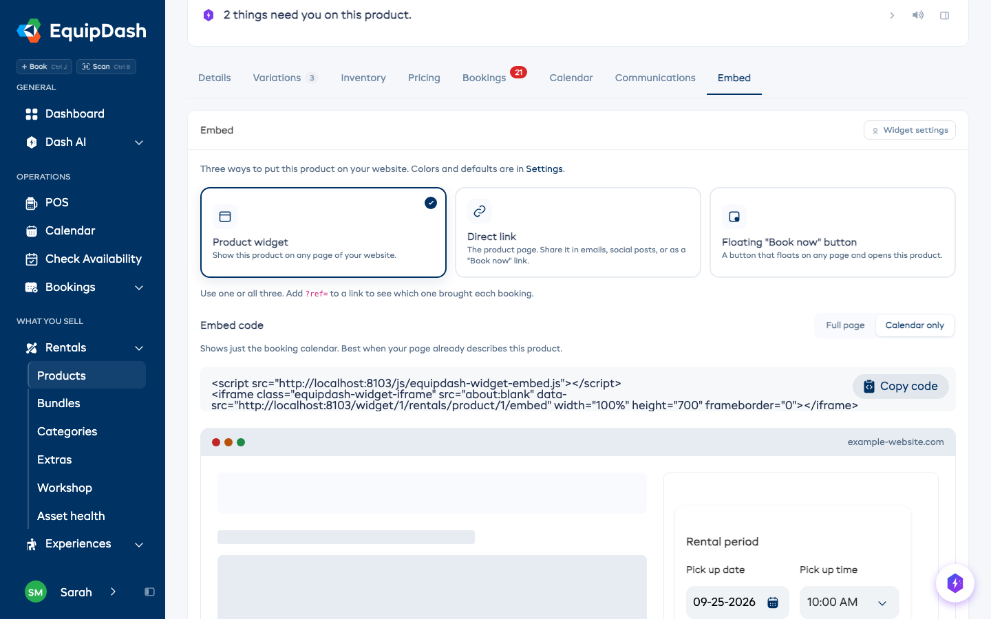 The Embed tab on a rental product, showing the three ways to embed it