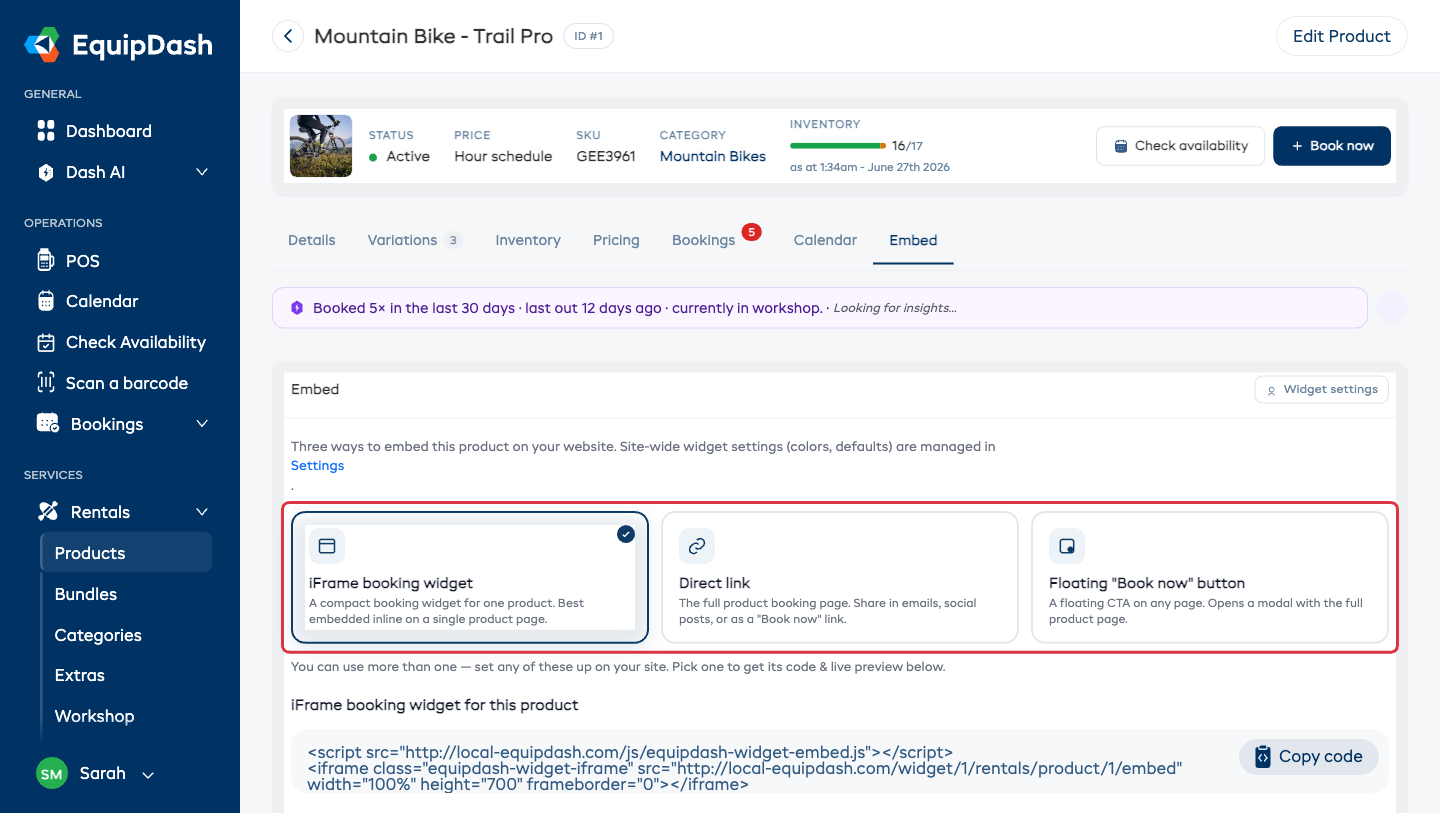 The Embed tab on a rental product, showing the three ways to embed that one product