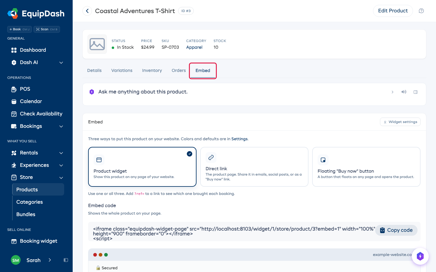 The Embed tab on a store product, with a floating Buy now button