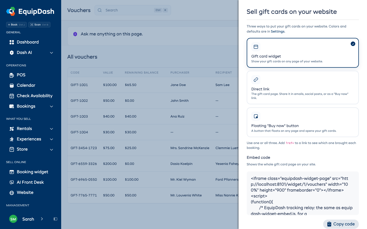 The gift card embed drawer on the Vouchers page