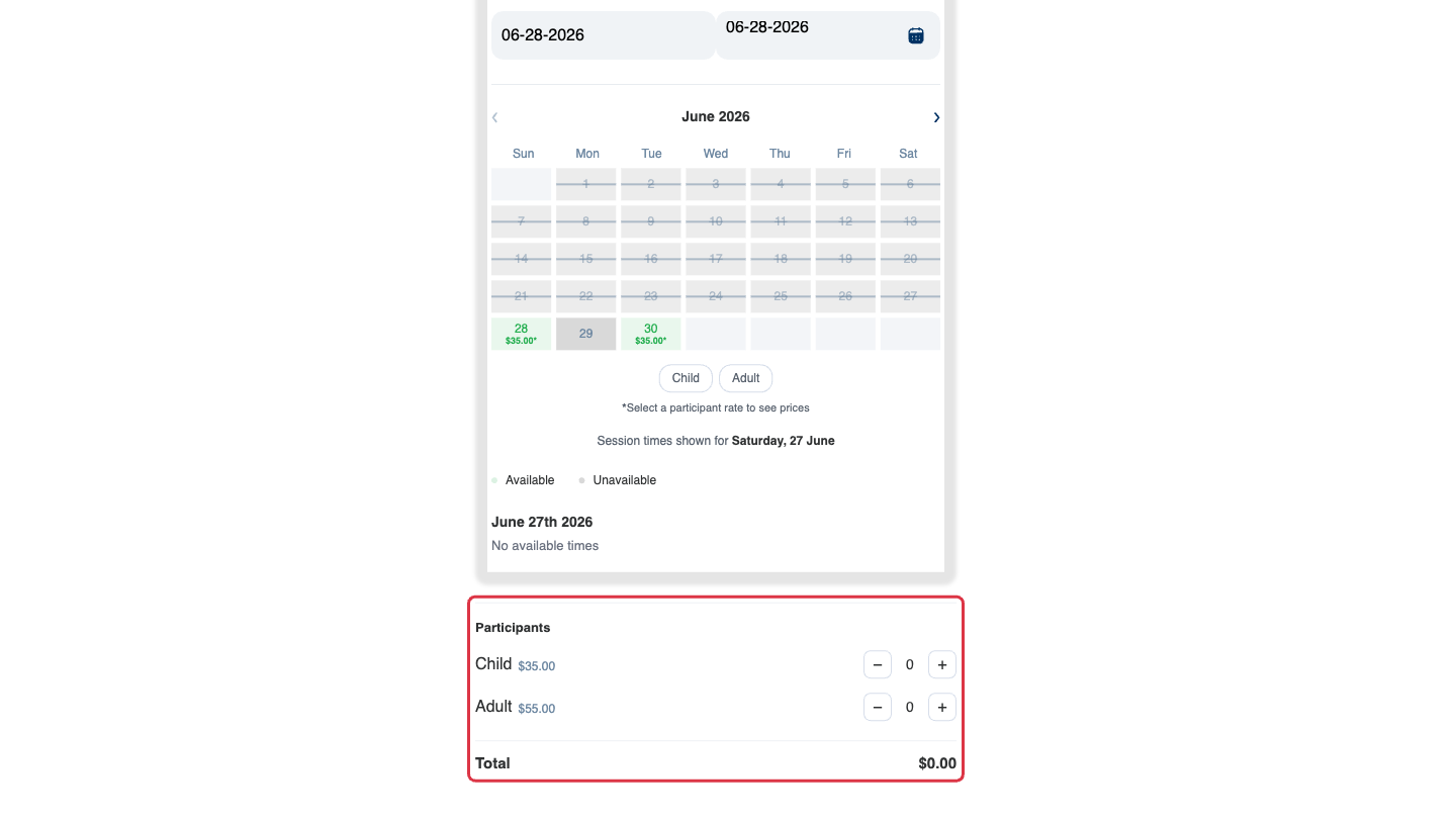 A single-experience embed showing the calendar with a Participants section below it — Child and Adult steppers and a running total — so the customer picks people before booking.
