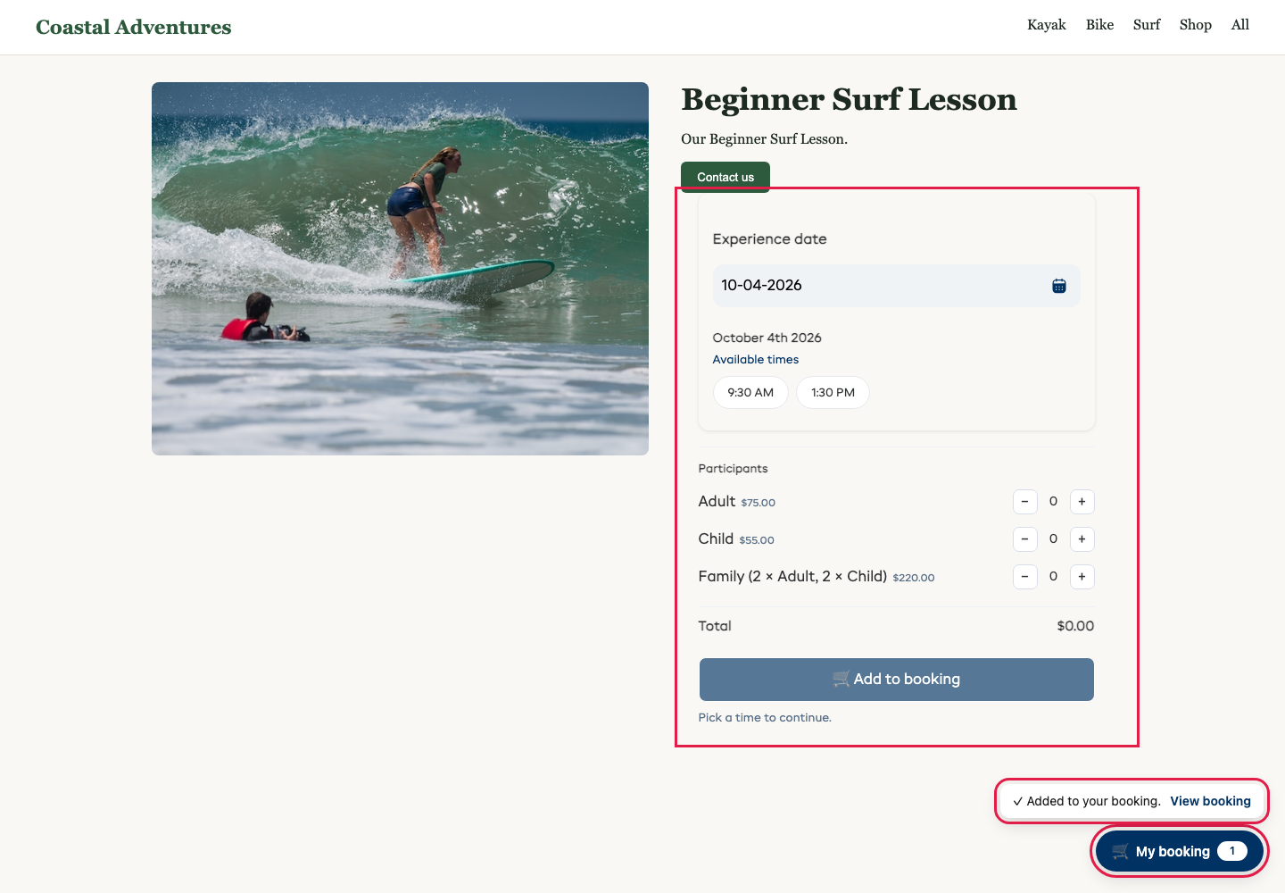Added to your booking, and the My booking button in the corner of the page