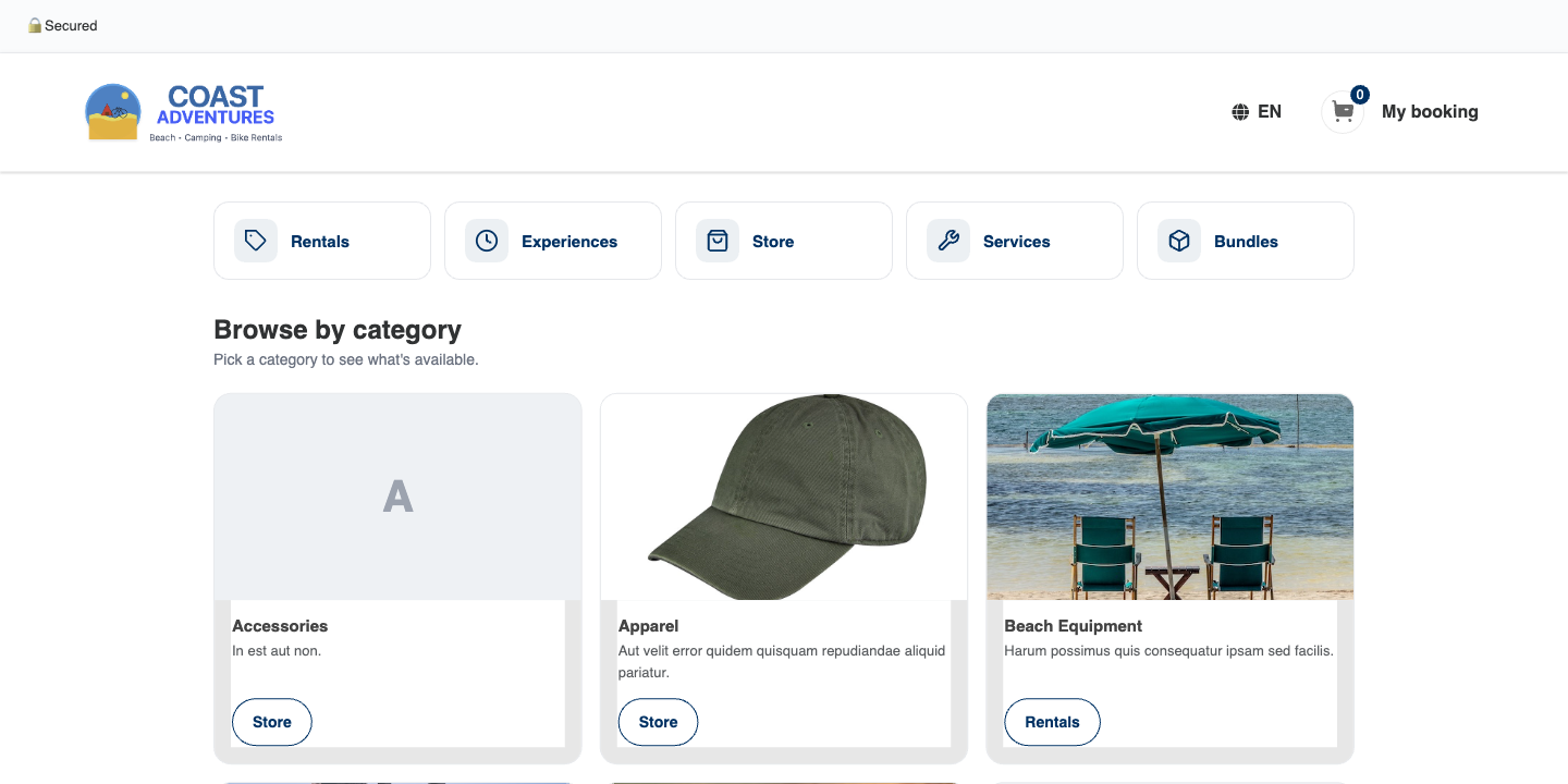 A full widget embed — your whole booking site (browse, cart, checkout) inside your page