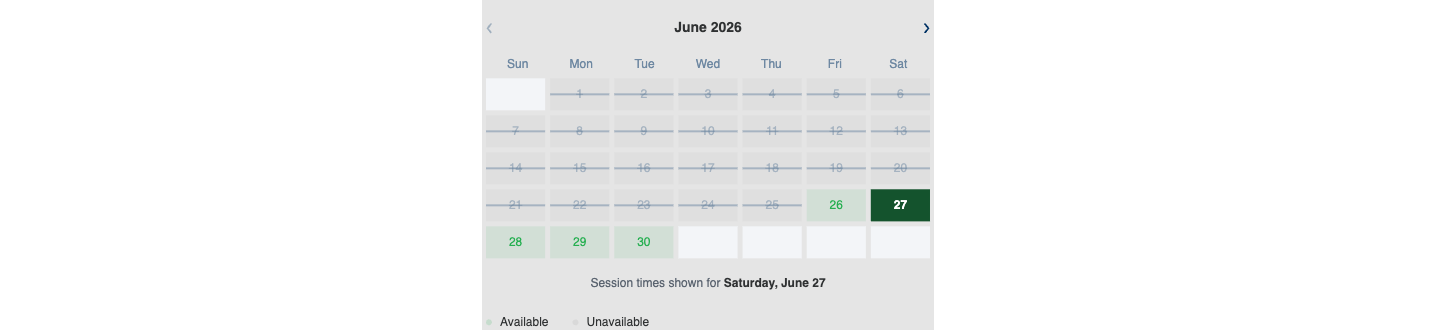 A single product embed — one item's booking calendar embedded in your page