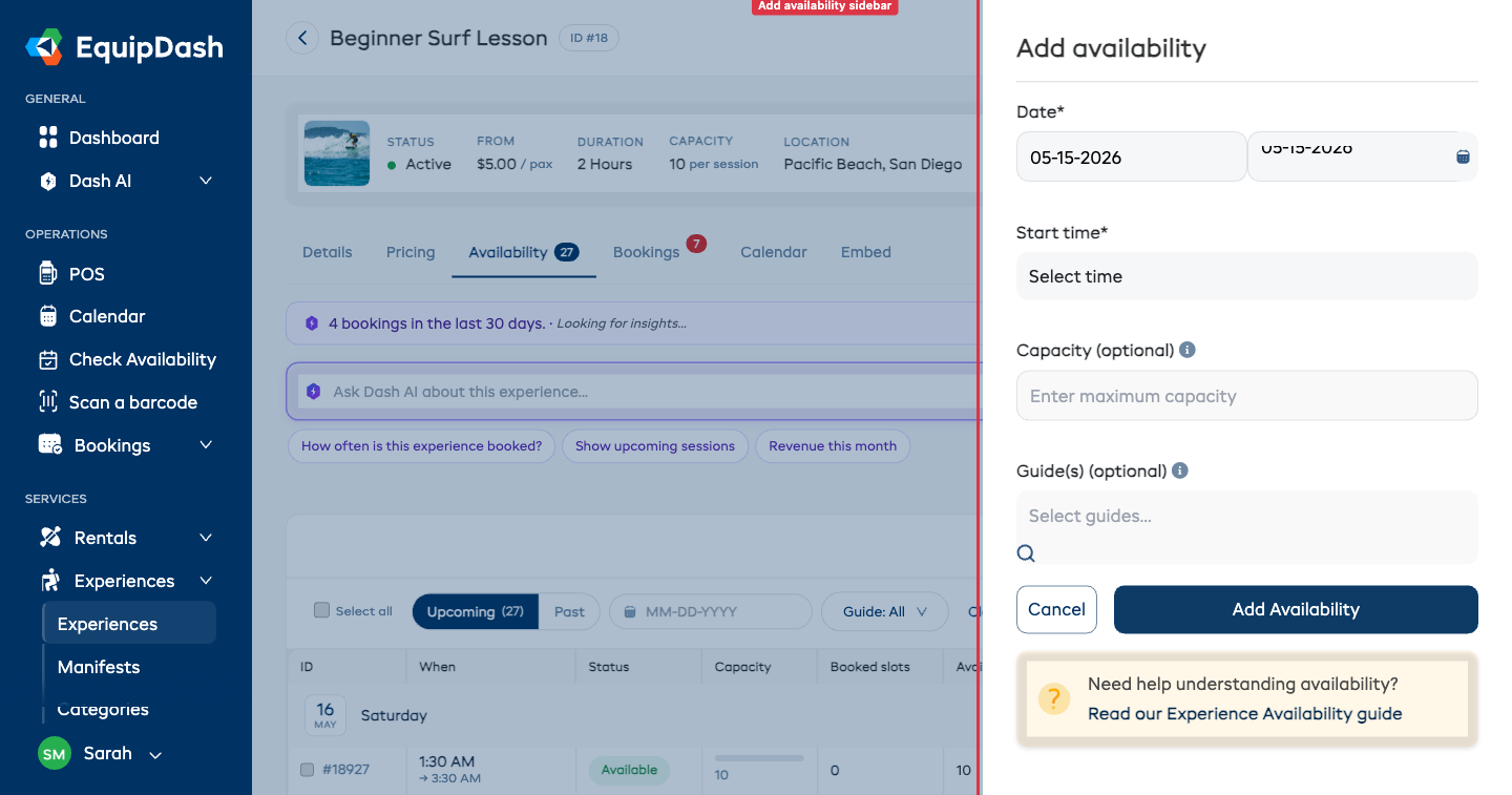 The Add availability sidebar showing fields for Date, Start time, Capacity, and the Guides picker