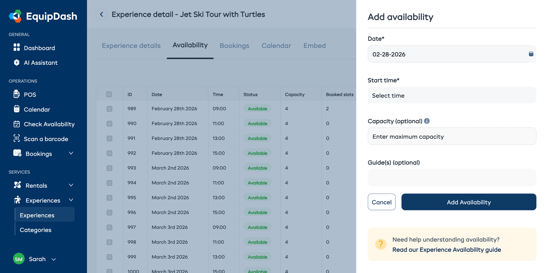The Add Availability panel showing fields for Date, Start time, Capacity, and Guide(s)