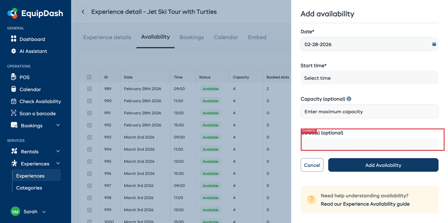 The Add Availability panel showing fields for Date, Start time, Capacity, and the Guide(s) multi-select dropdown highlighted