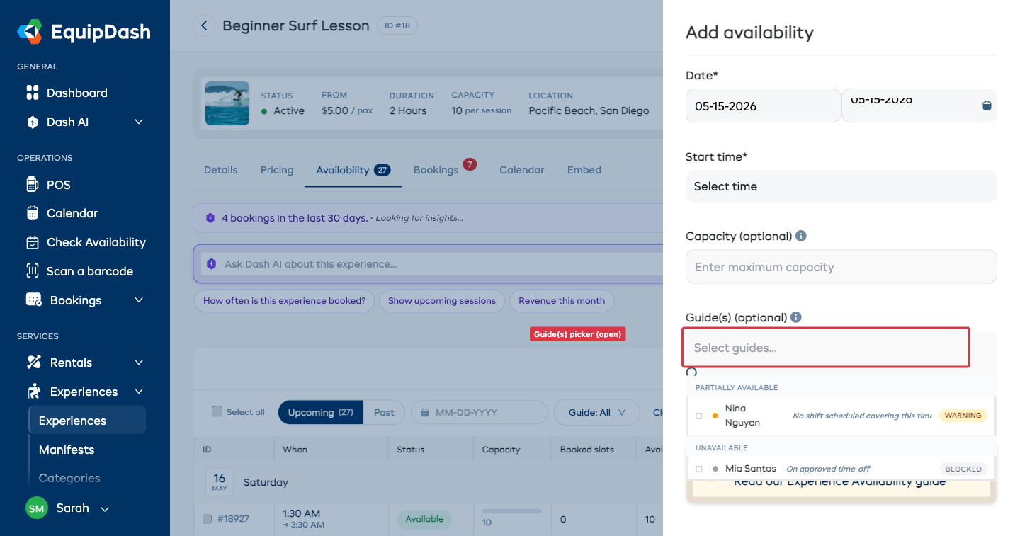The Add availability sidebar with the Guide(s) picker open showing Available, Partially available, and Unavailable groups