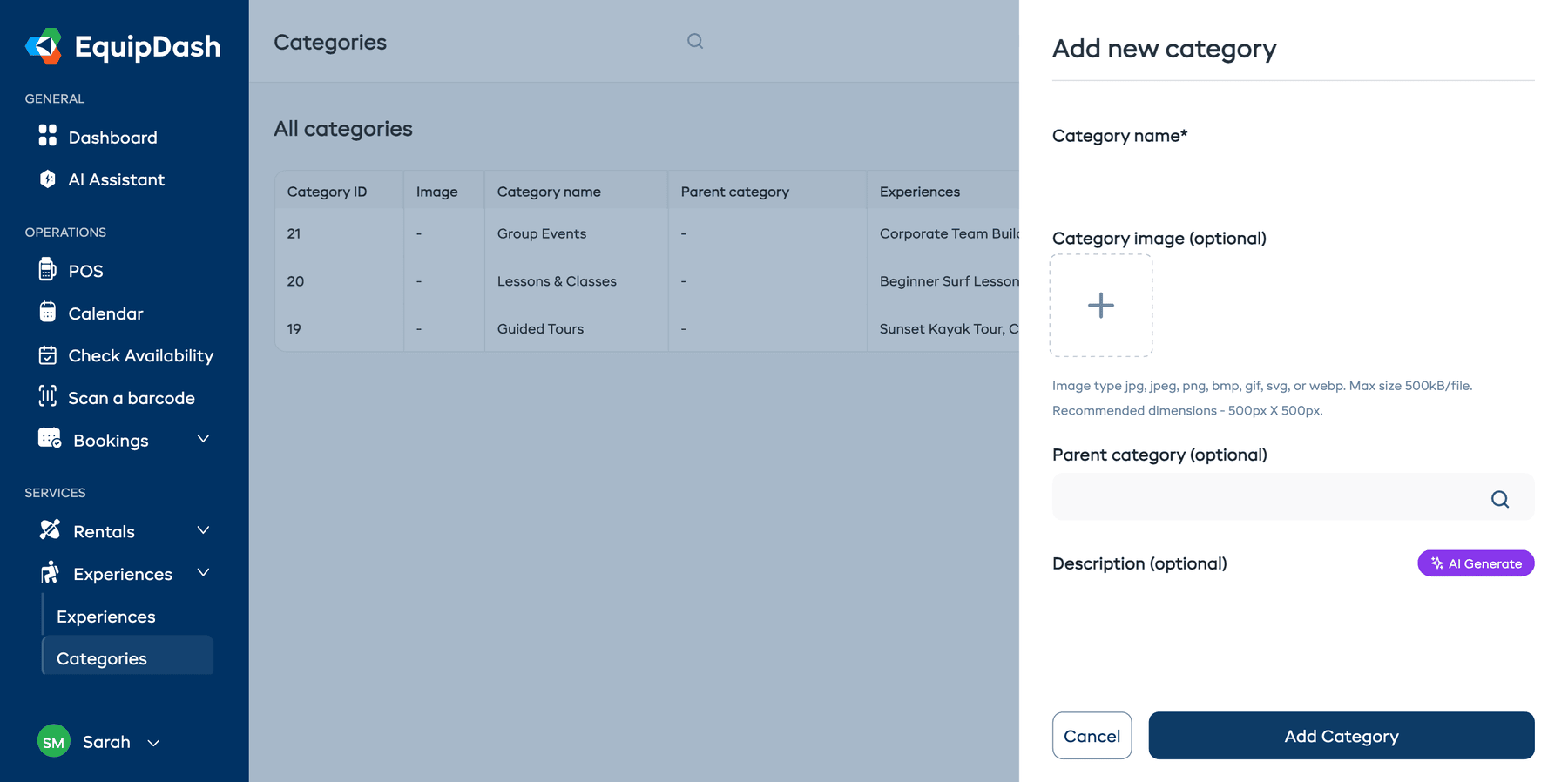 The Add Category panel showing fields for Category name, Category image, Parent category, and Description with an AI Generate button