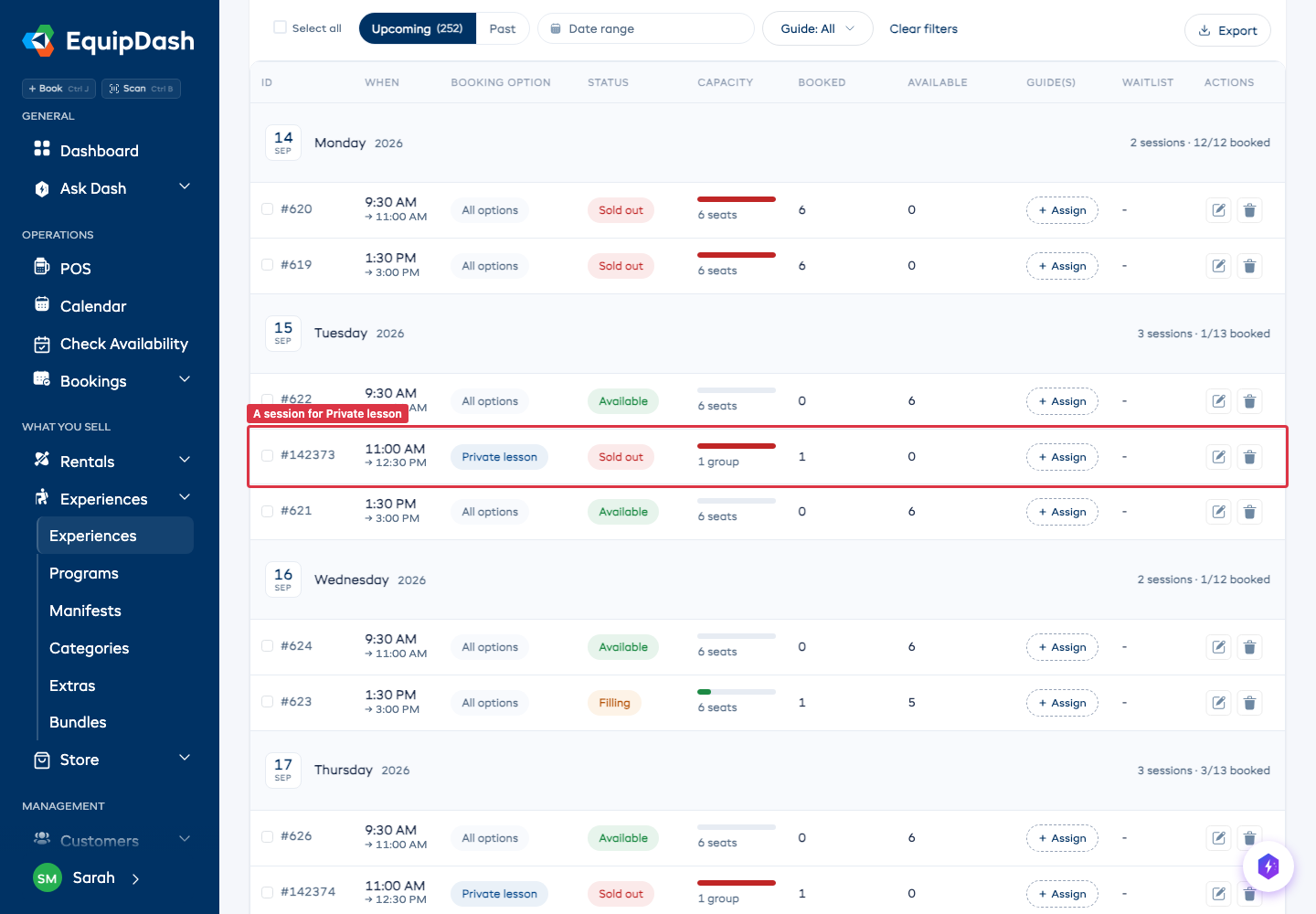 The Availability table with a Private lesson session highlighted, alongside All options sessions and their capacity units