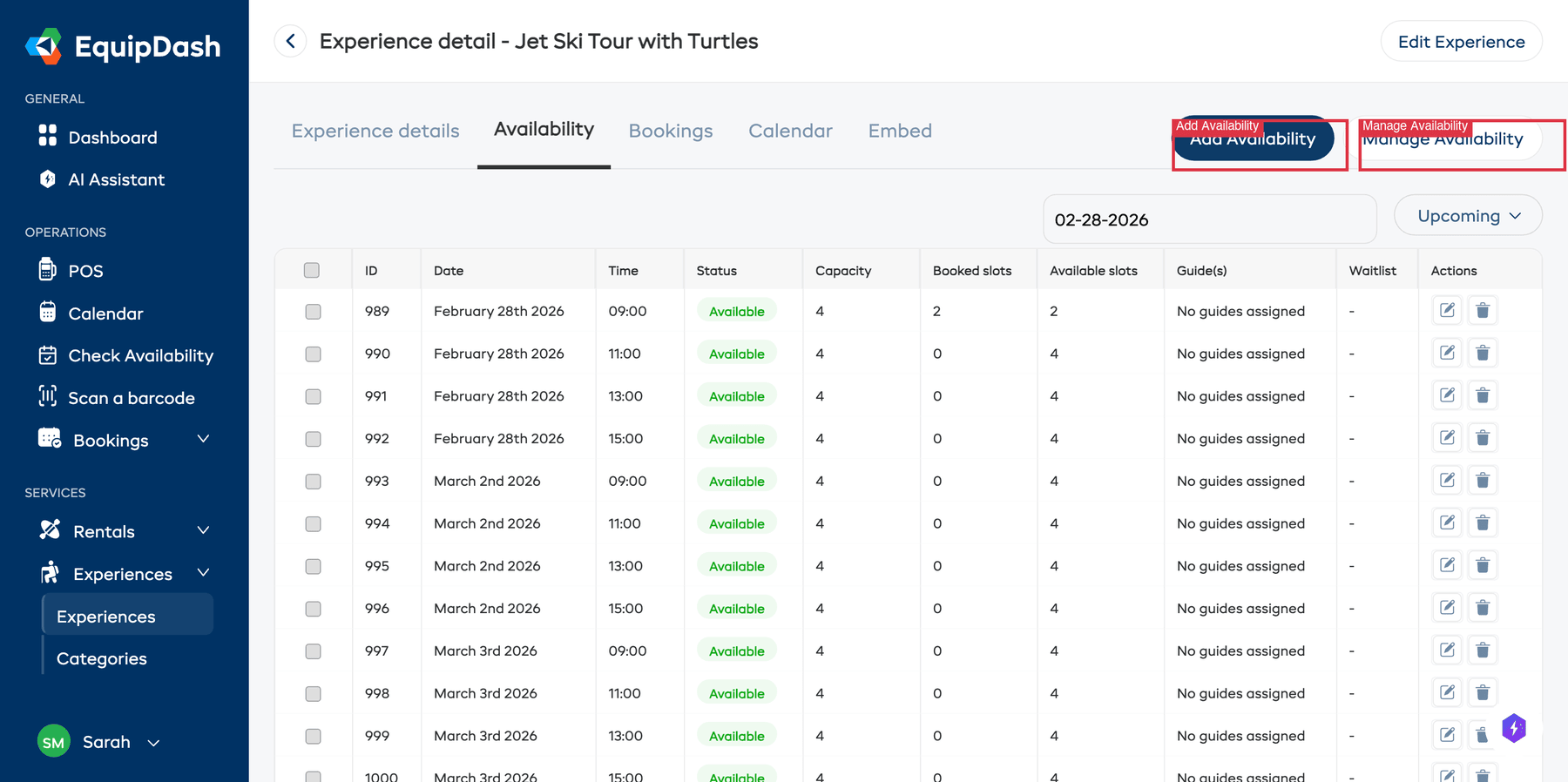 The Availability tab with the Add Availability and Manage Availability buttons highlighted in the top-right corner