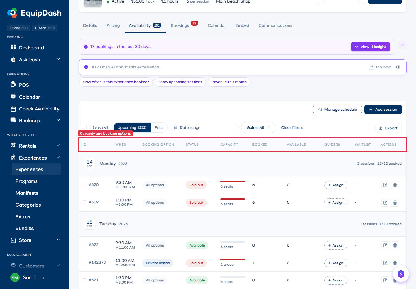 The Availability tab with sessions grouped by date and the column headings highlighted, showing Booking option and Capacity, status pills and guide chips