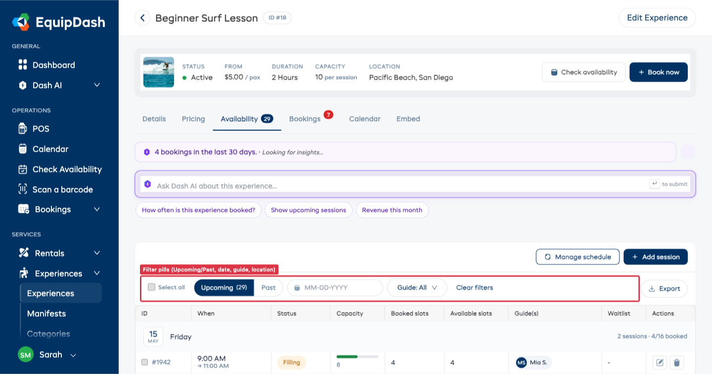 The Availability tab showing sessions grouped by date with calendar-tile date stickers, filter pills (Upcoming/Past, guide, location), bulk-select checkboxes, capacity bars, status pills, and guide chips