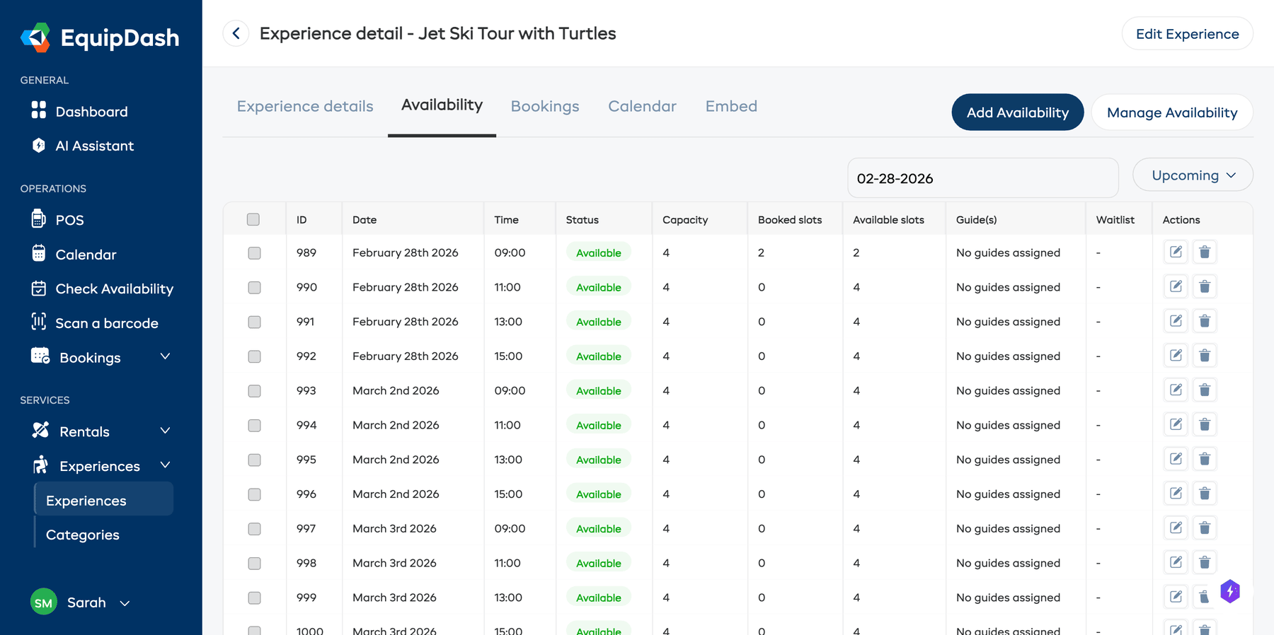 The Availability tab showing a table of sessions with columns for ID, Date, Time, Status, Capacity, Booked slots, Available slots, Guide(s), and Actions
