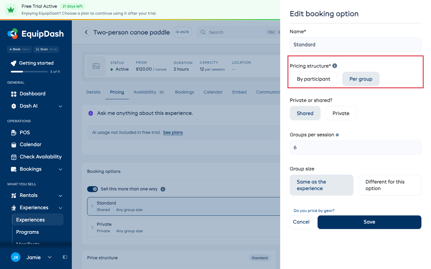 The Edit booking option panel with the Pricing structure choice outlined: By participant or Per group