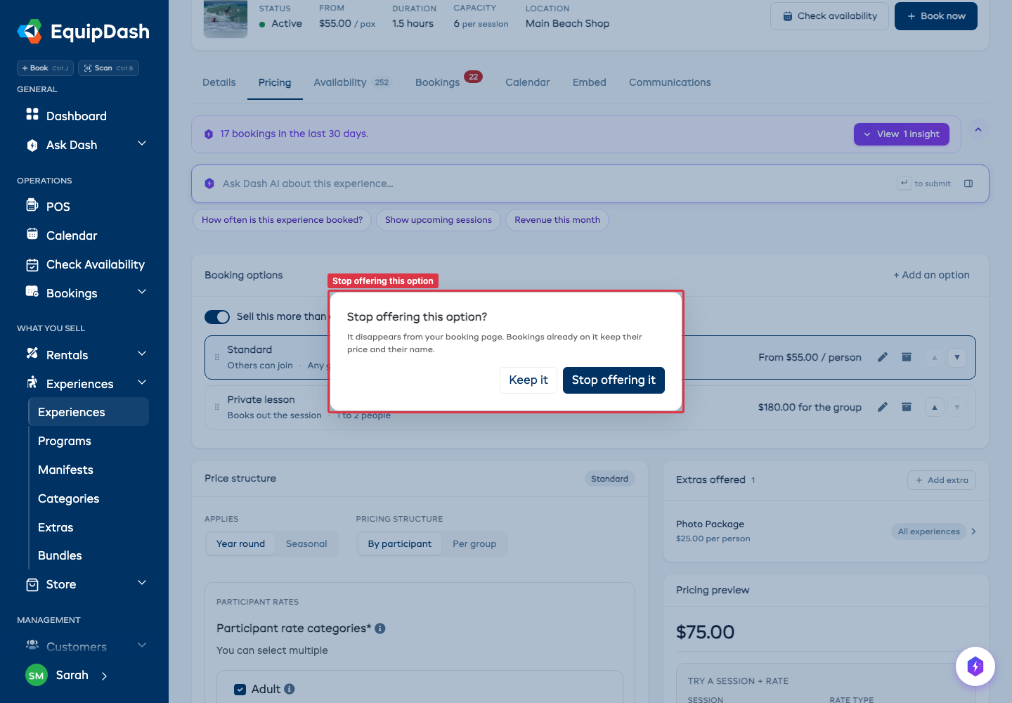 The Stop offering this option confirmation, explaining that bookings already on the option keep their price and their name