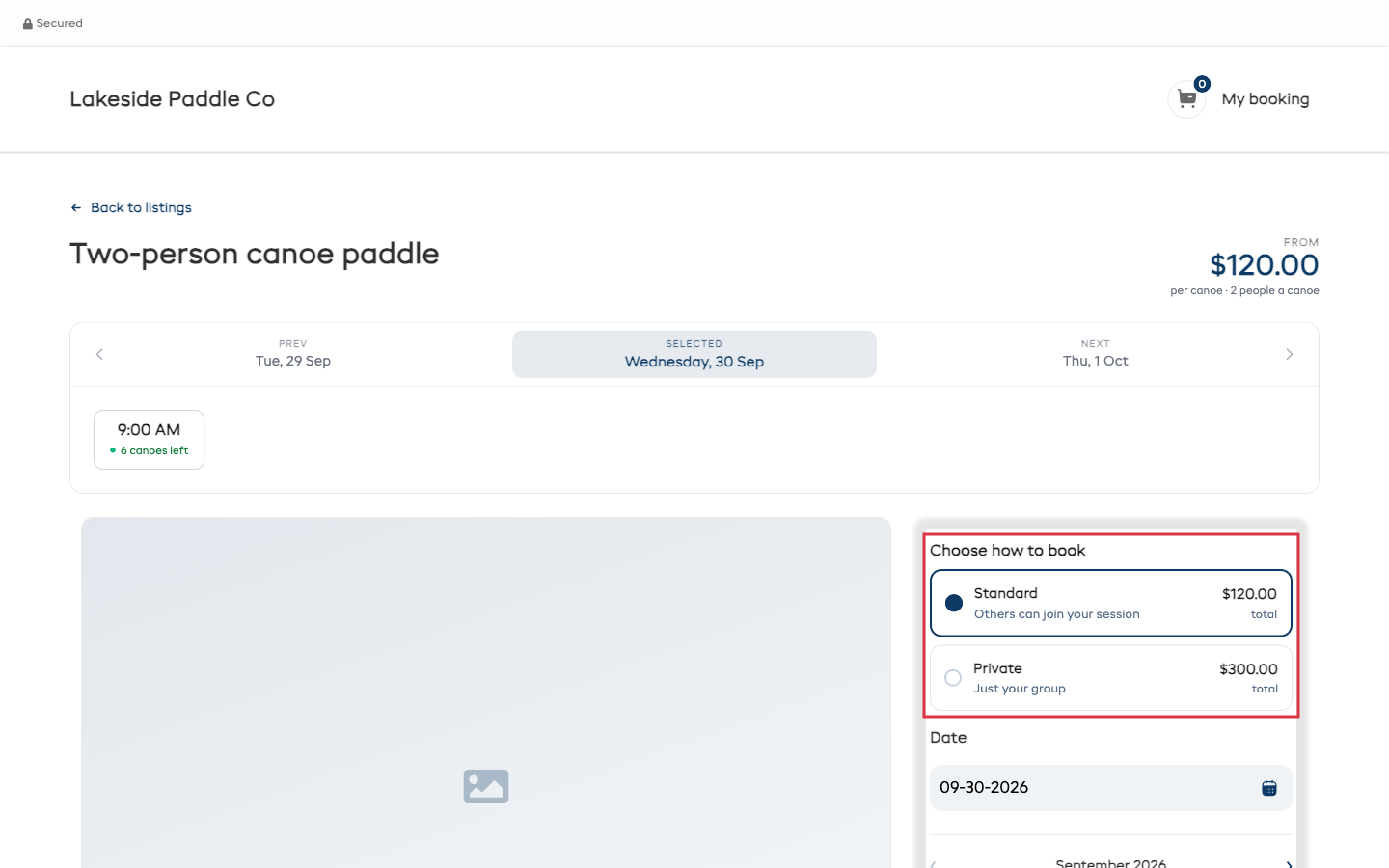 The booking page with Choose how to book outlined, listing Standard and Private, each with its own price